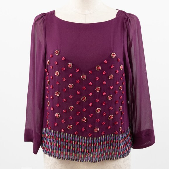 Anthropologie Silk Top 6 Silk Floral Beaded Blouse Purple Nanette Lepore - Picture 10 of 10